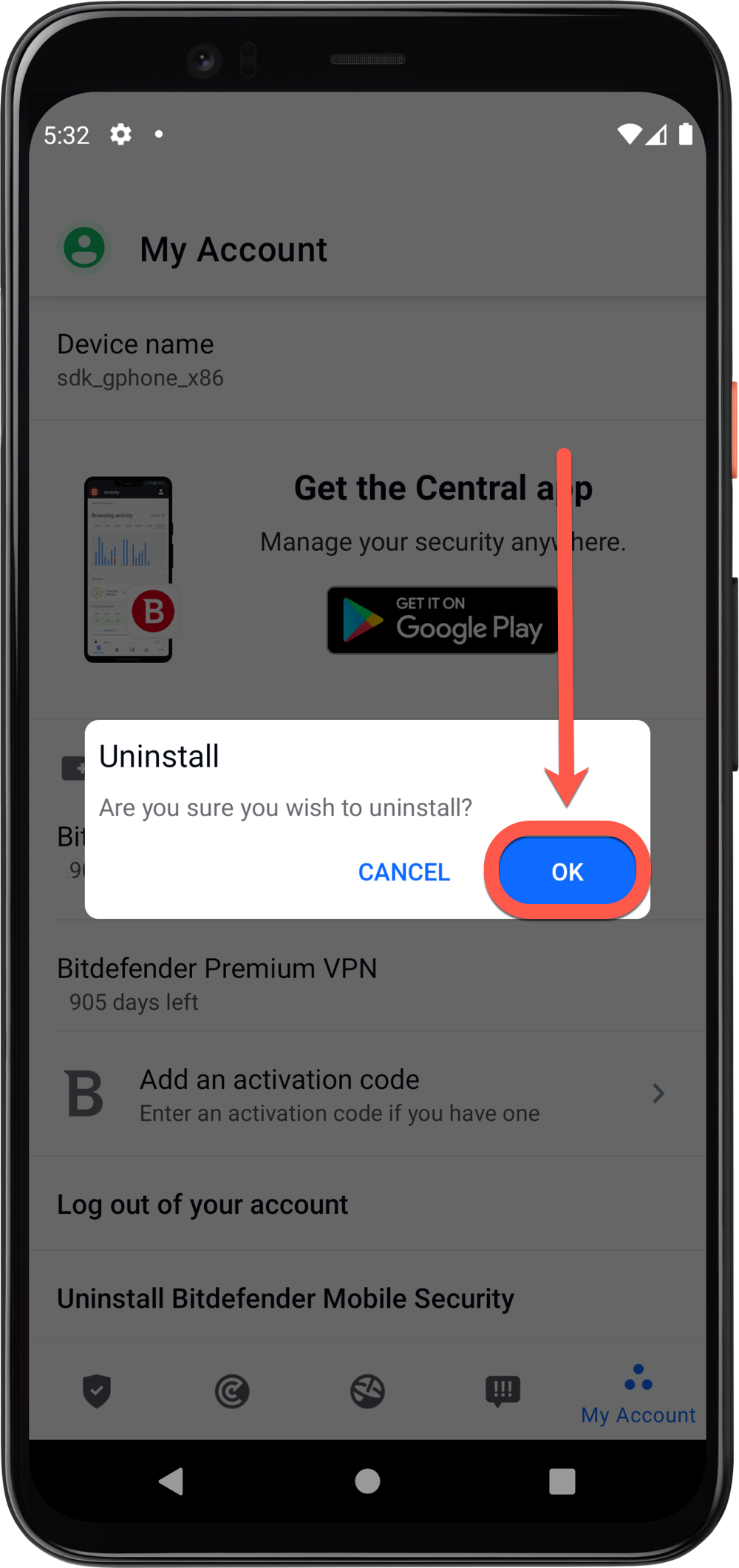 desinstalar Bitdefender Mobile Security para Android - Aceptar