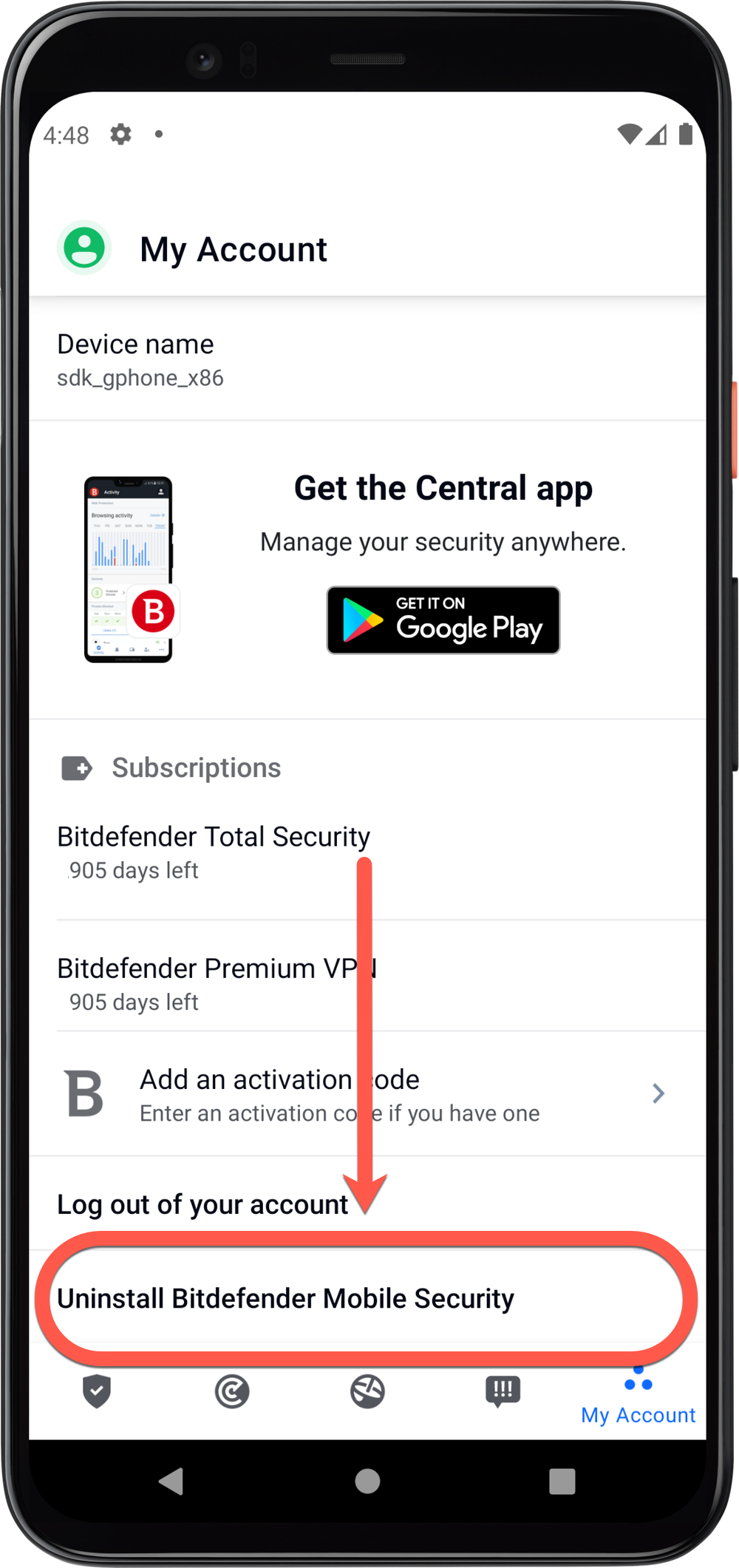desinstalar Bitdefender Mobile Security para Android