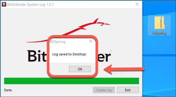 Usar la utilidad de escaneo BDsysLog en Windows - Log saved to Desktop