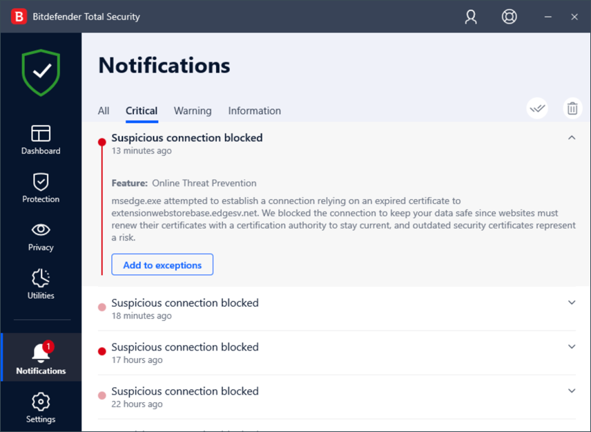 Notificaciones de Conexión sospechosa bloqueada