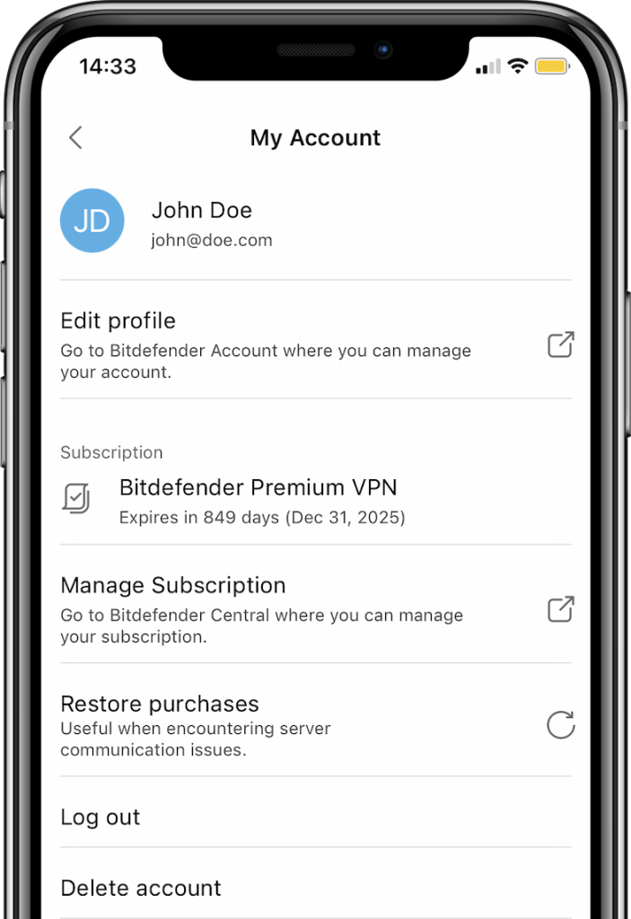 Bitdefender VPN para iOS - Cuenta