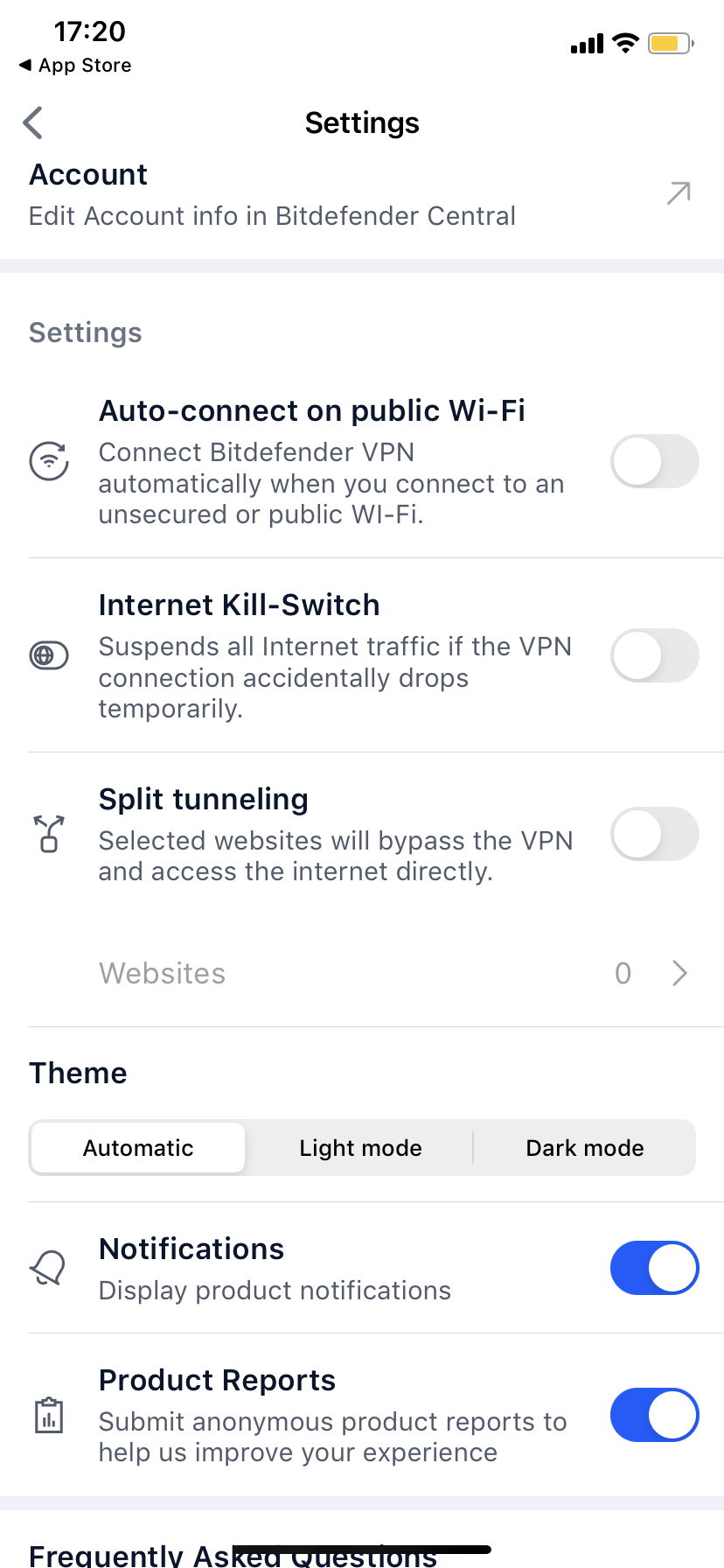 Bitdefender VPN para iOS - Ajustes