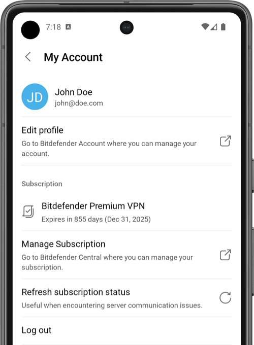 Bitdefender VPN para Android - Cuenta