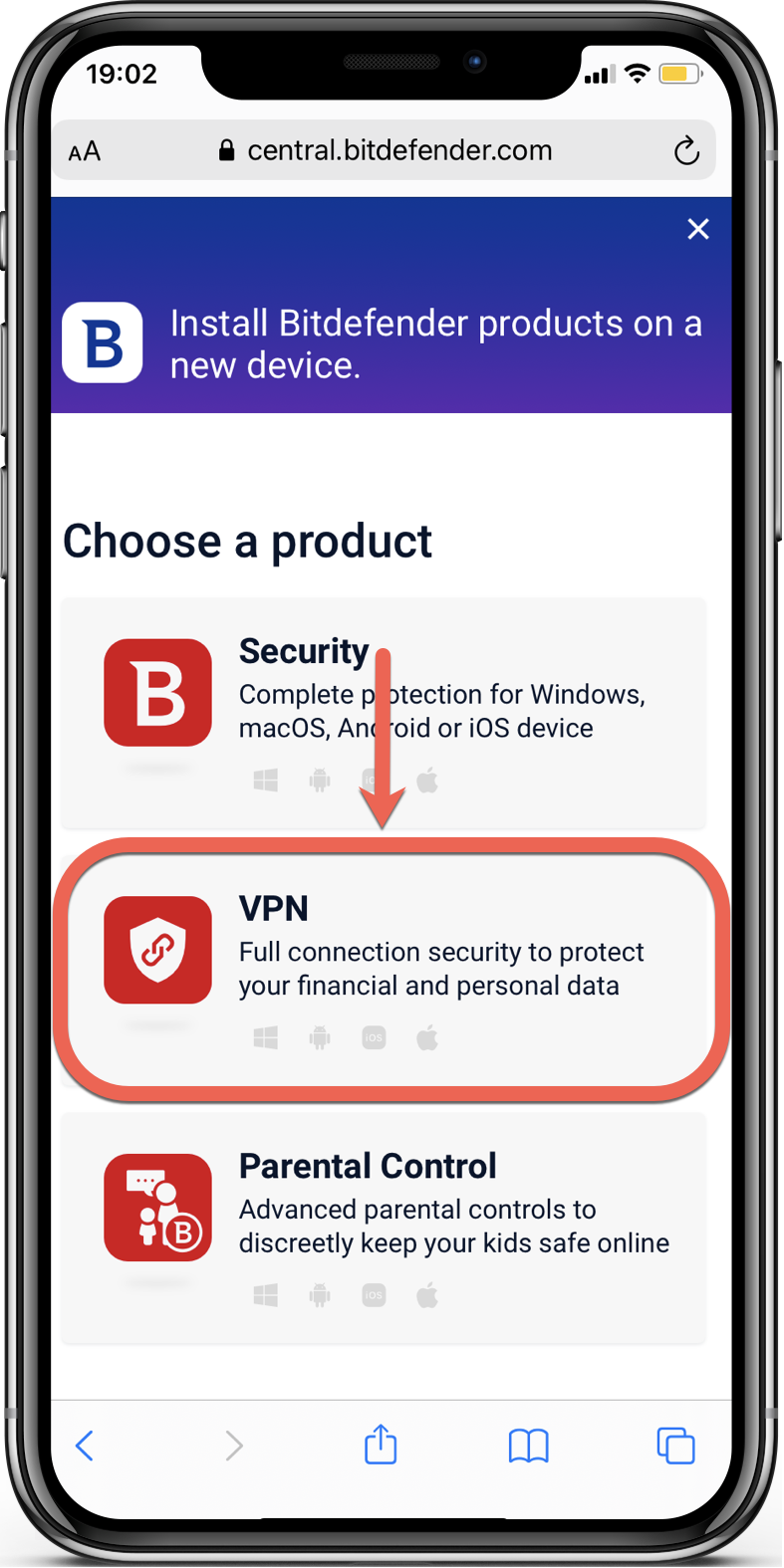Instalar Bitdefender VPN en iOS a través de Bitdefender Central