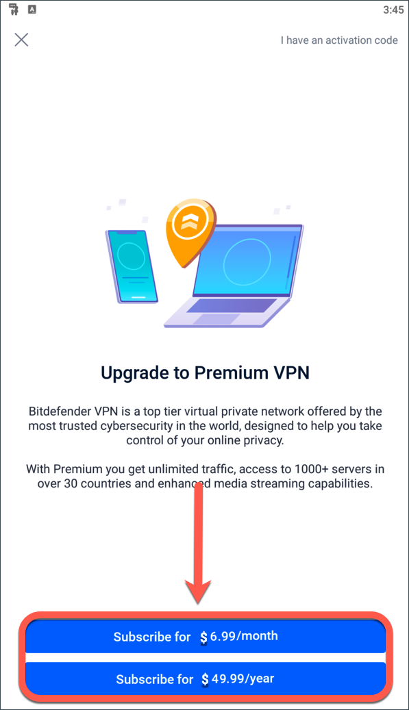 Elegir un plan de suscripción - Bitdefender Premium VPN en Android