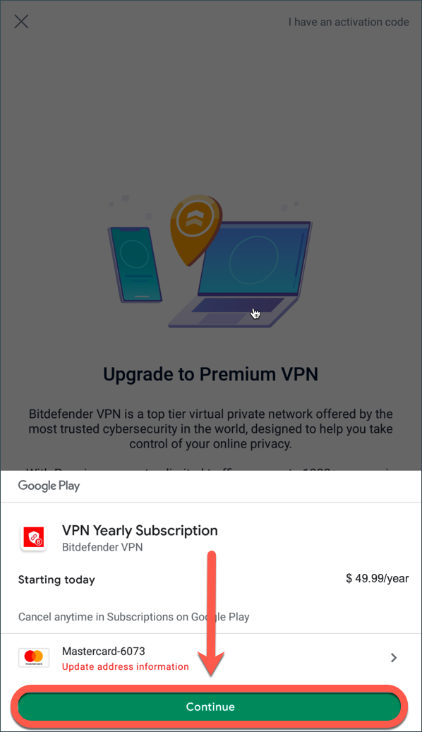Actualización a Bitdefender Premium VPN en Android: botón Continuar