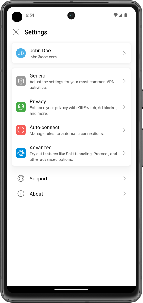 Bitdefender VPN para Android - Ajustes