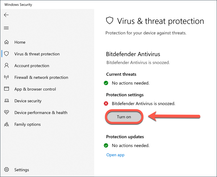 Centro de Seguridad de Windows - Activar Bitdefender Antivirus