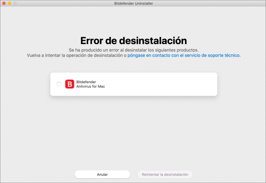 Error de desinstalación - Bitdefender Antivirus para Mac