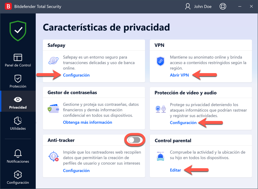 desactivar Bitdefender - características de privacidad