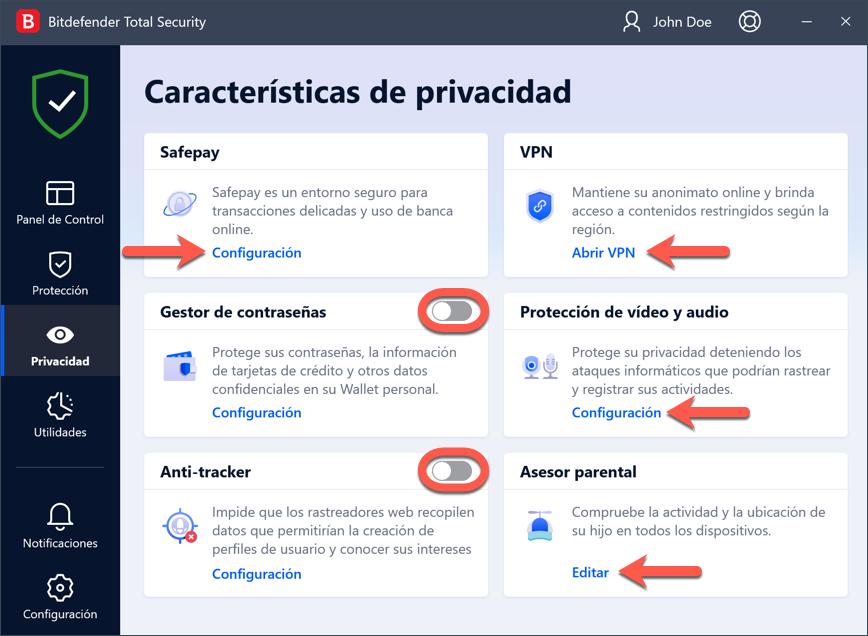 desactivar Bitdefender - características de privacidad