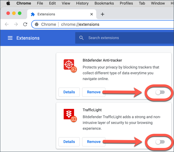 desactivar Bitdefender Antivirus para Mac - extensiones de Chrome