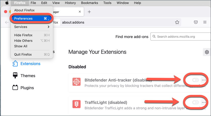 desactivar extensiones Bitdefender de Firefox