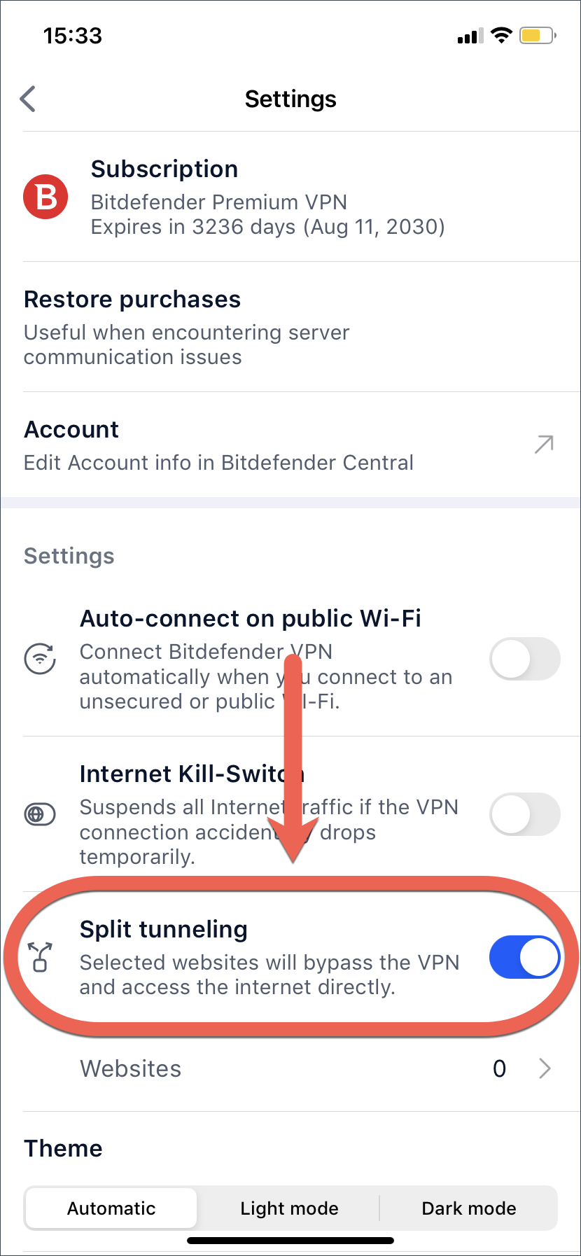 Habilitando Split Tunneling en Bitdefender VPN para iOS.