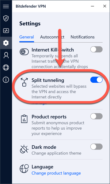 Utilice el túnel dividido si no puede acceder a un sitio web cuando Bitdefender VPN está activo en Windows.