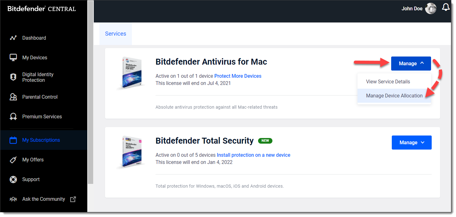 reasignar un dispositivo a otra suscripción Bitdefender