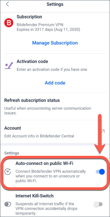 Bitdefender VPN - Conexión automática en Wi-Fi público