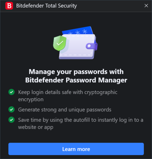 ventana Gestione sus contraseñas con Bitdefender Password Manager