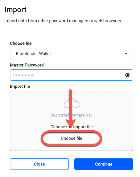 Cómo transferir los datos de su Wallet a Bitdefender Password Manager - Seleccionar archivo