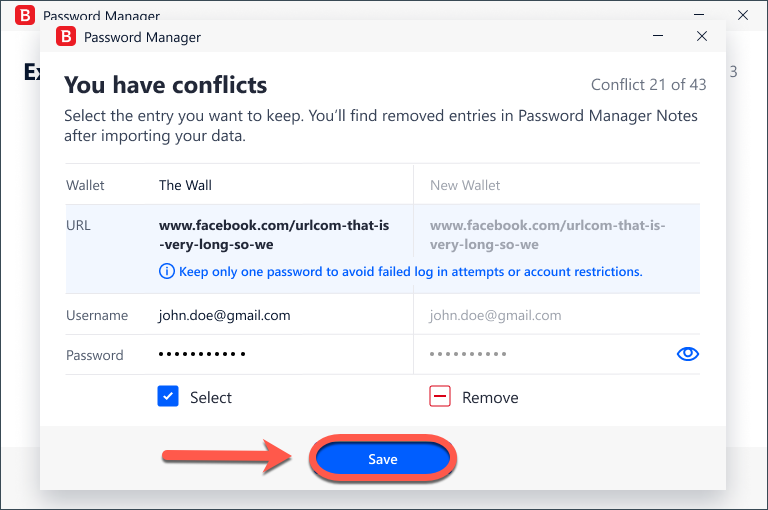 Cómo transferir los datos de su Wallet a Bitdefender Password Manager - Conflictos