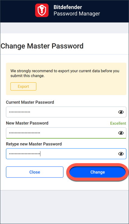 Cambiar contraseña maestra de Bitdefender Password Manager