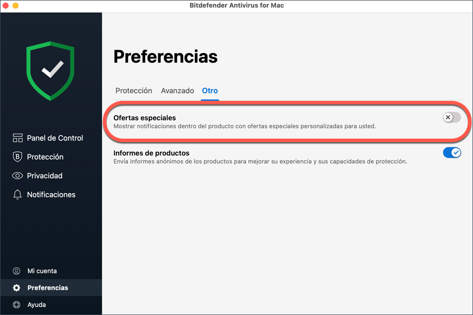 desactivar los mensajes promocionales en Bitdefender - macOS