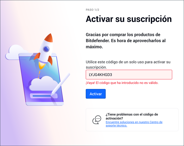 errores de activación: El código que ha introducido no es válido