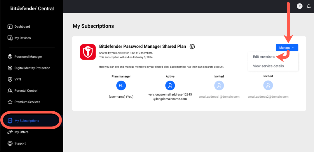 Manage Bitdefender Password Manager Shared Plan